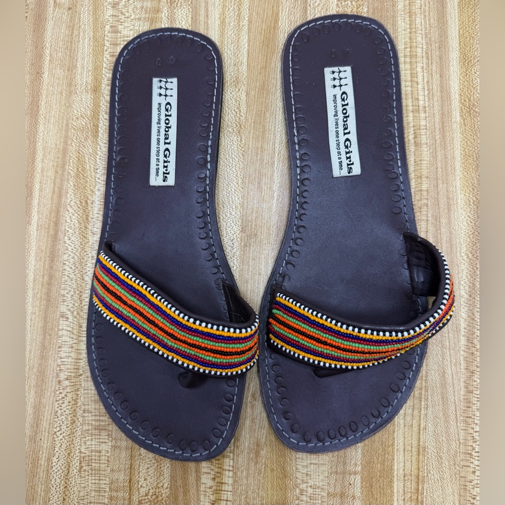 Global Girls Brown Leather Multicolor Beaded Slip On Boho Sandals Sz 40 (US 9)